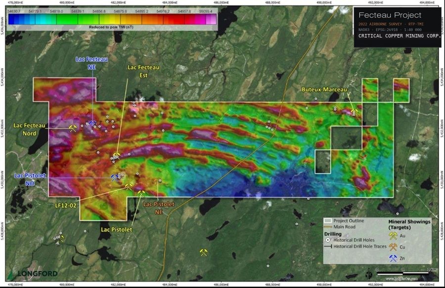 Fecteau Project, 2022 airborne magnetic survey, reduced-to-pole total magnetic intensity, with showings and historical drill holes
