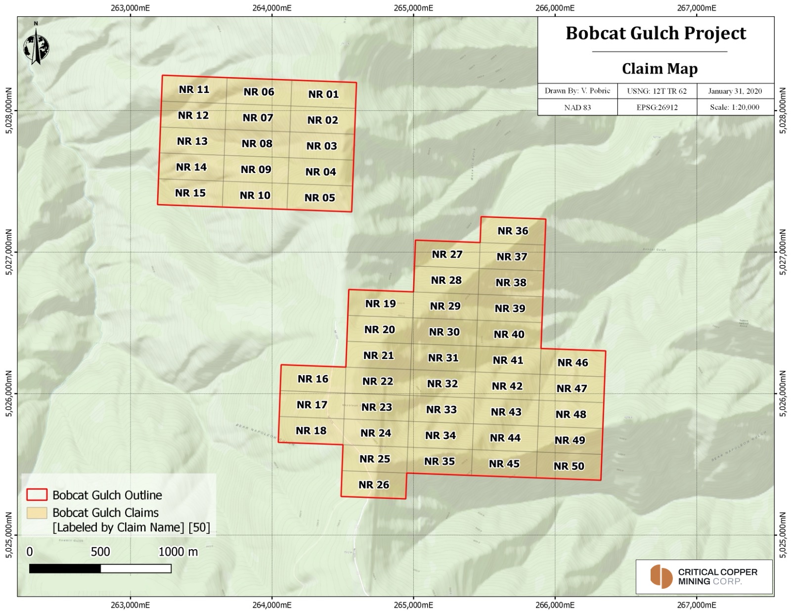 Bobcat Gulch claim map showing the 50 claims, NR 01 to NR 50, in two blocks