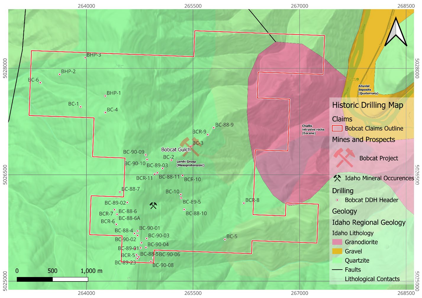 Historic drilling map showing BC, BCR and BHP series drill collars over quartzite and Eocene granodiorite, with an earlier claim outline