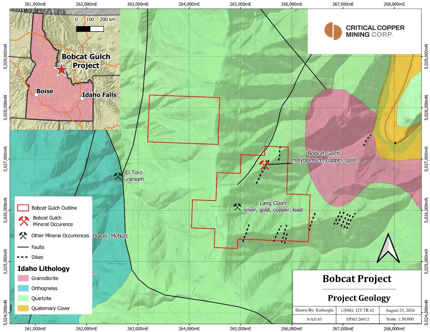 Bobcat Project geology map showing the 50-claim outline, the Bobcat Gulch and Lang Claim mineral occurrences, faults, dikes and lithology, with an Idaho location inset