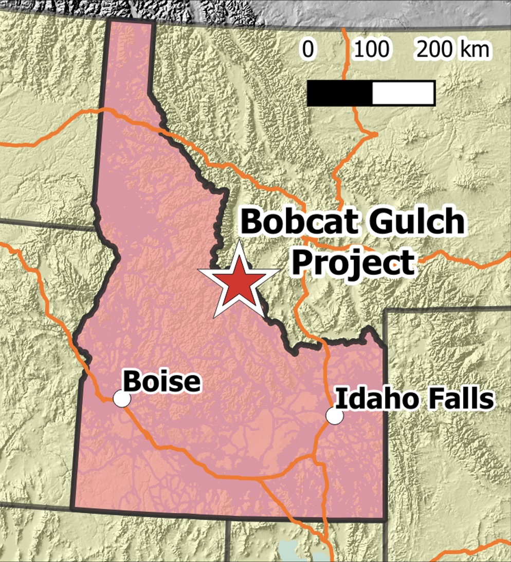 Map of Idaho marking the Bobcat Gulch Project in the east-central part of the state, with Boise and Idaho Falls