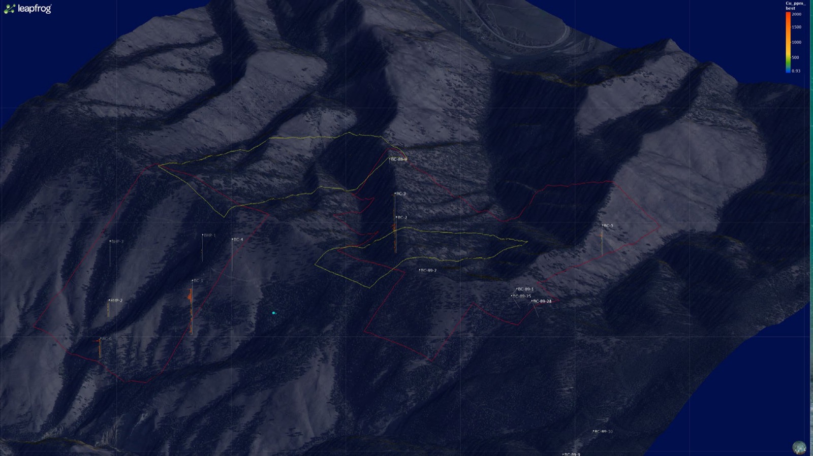Oblique 3D view of the Bobcat terrain with historic drill holes coloured by copper grade and the claim outline