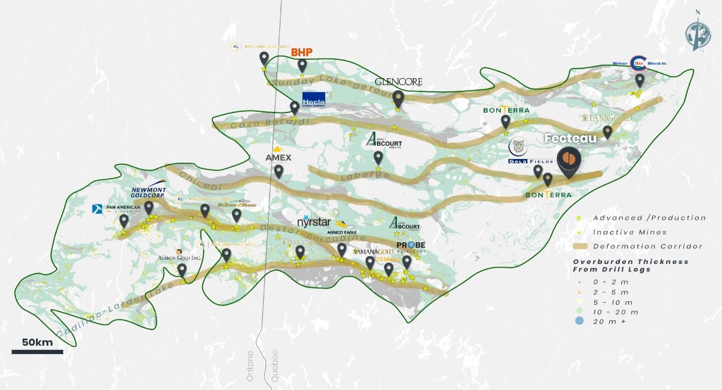 Map of the Abitibi Greenstone Belt showing deformation corridors, producing and inactive mines, operators and the Fecteau Project